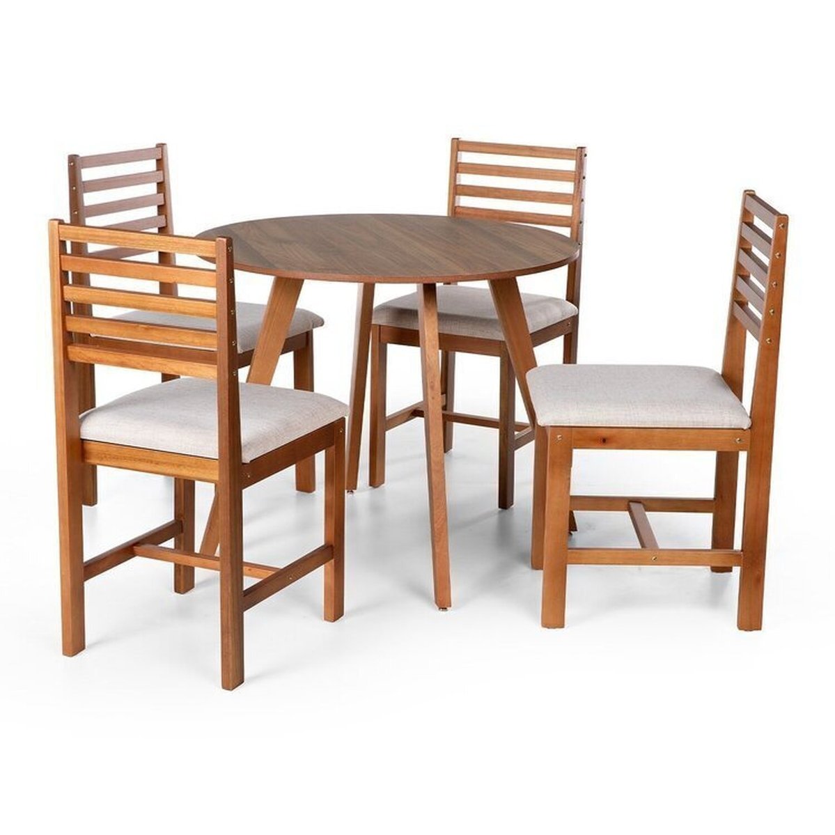 Conjunto Mesa De Jantar Laura 90cm Amadeirado E 4 Cadeiras Luna Estofadas Madeira Maciça Amadeirado/bege