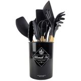 Kit 12 Peças Talheres Utensílios Em Silicone Cabo Madeira