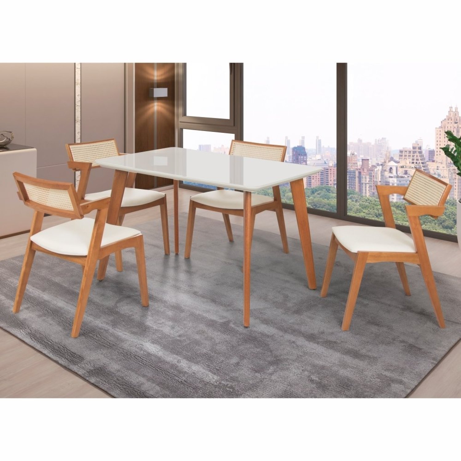 Conjunto Mesa Verona 1200x800cm Com 4 Cadeiras Madeira Maciça Com Rattan Natural E Estofada Verona   Champagne / Off White