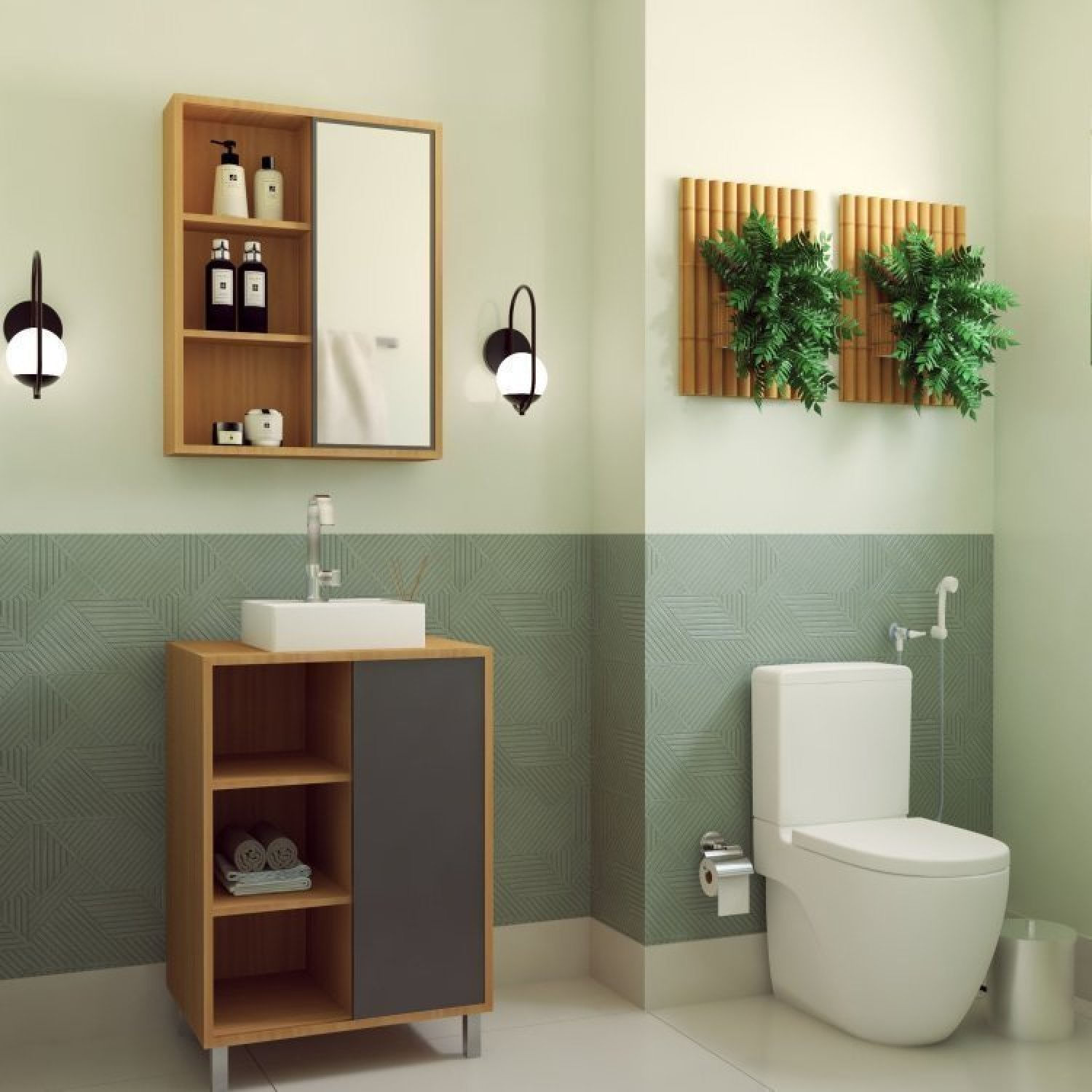 Gabinete De Banheiro 60cm Julia Com Balcão 1 Porta Correr E Espelheira Sem Cuba Mel/grafite