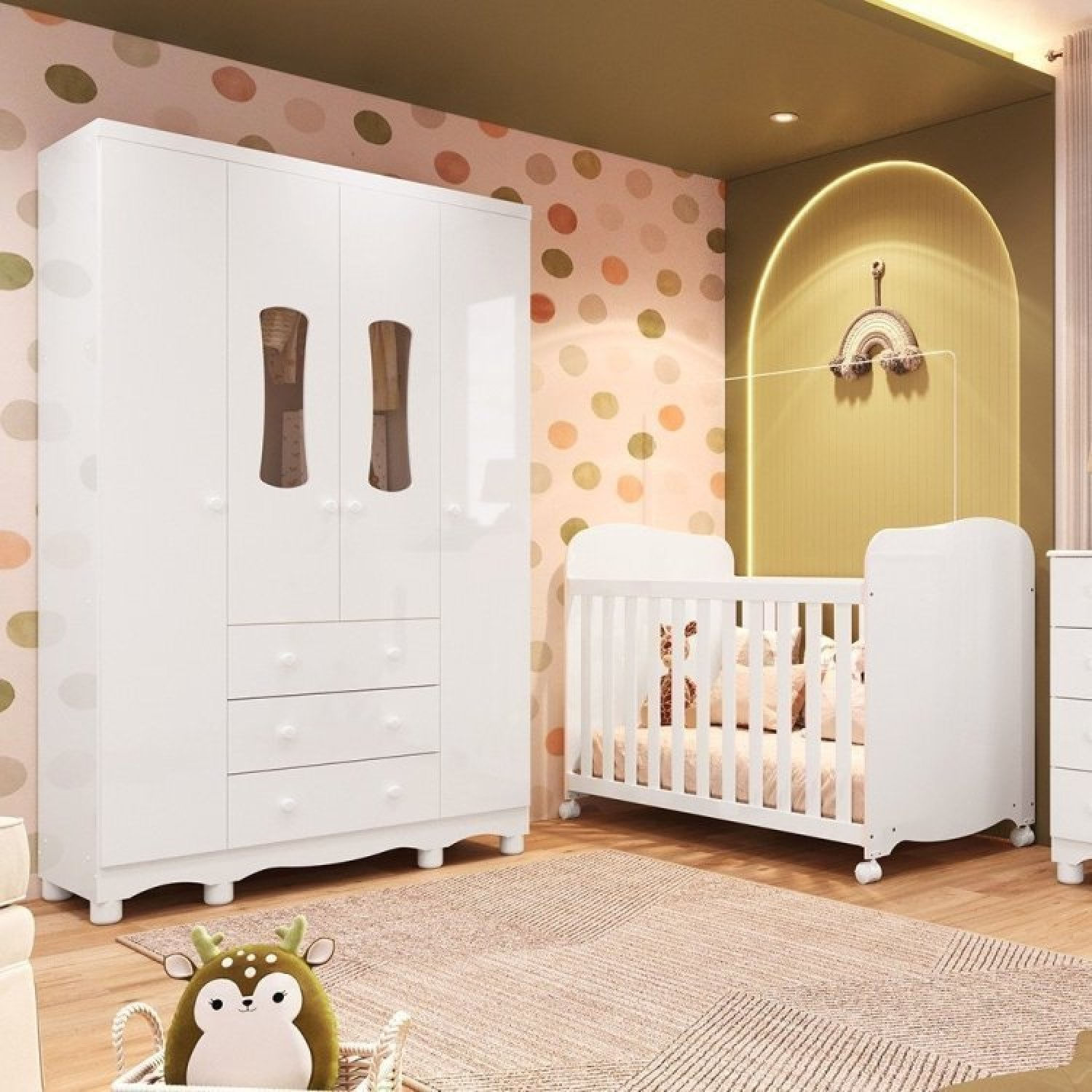 Quarto De Bebê Guarda Roupas 4 Ptas 3 Gavetas E Berço 100% Mdf Lana Espresso Móveis Branco Brilho