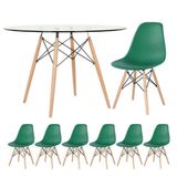 Mesa Redonda Eames Com Tampo De Vidro 120 Cm + 6 Cadeiras Eiffel Dsw Verde Escuro