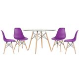 Mesa Redonda Eames Com Tampo De Vidro 120 Cm + 4 Cadeiras Eiffel Dsw Roxo Roxo