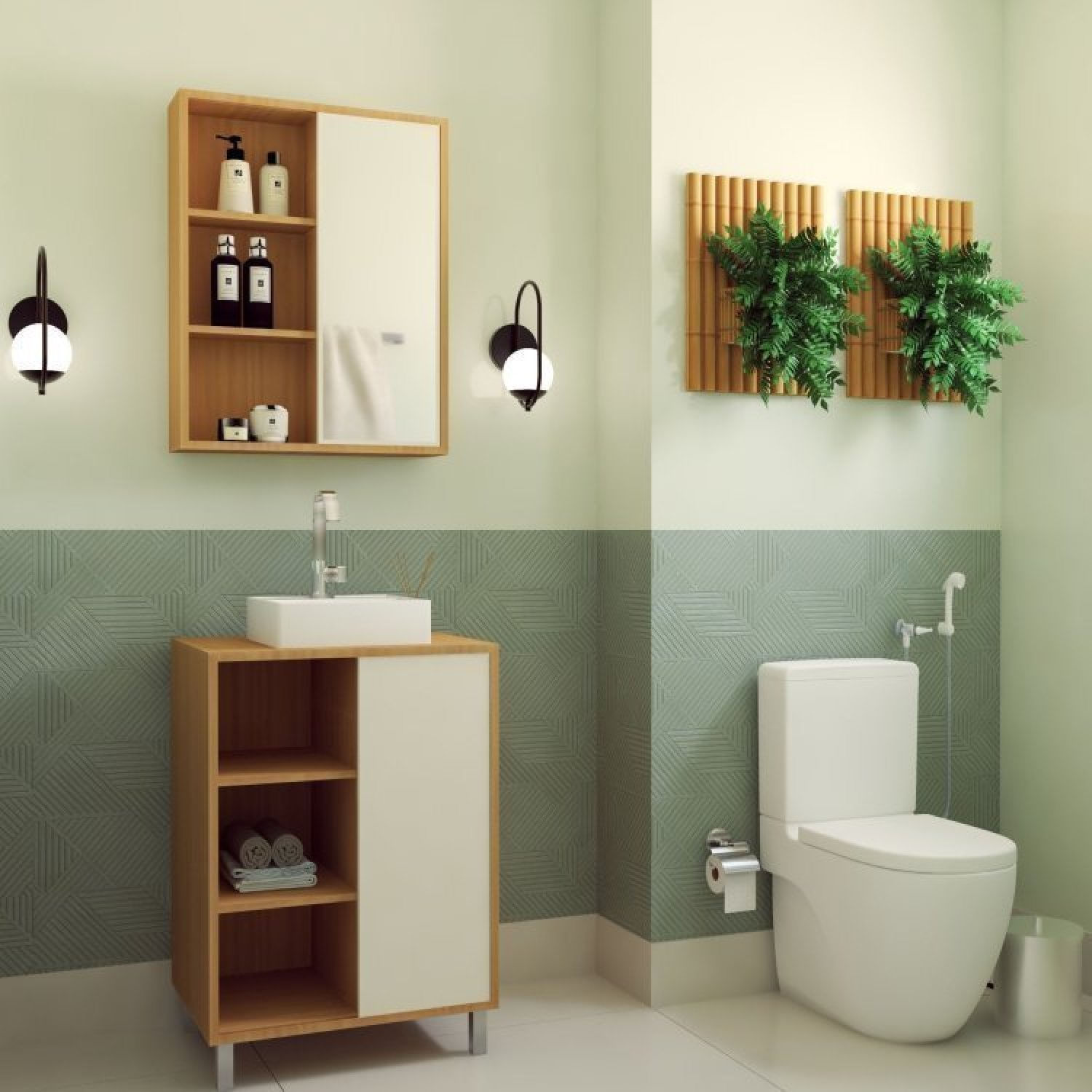 Gabinete De Banheiro 60cm Julia Com Balcão 1 Porta Correr E Espelheira Sem Cuba Mel/arenas