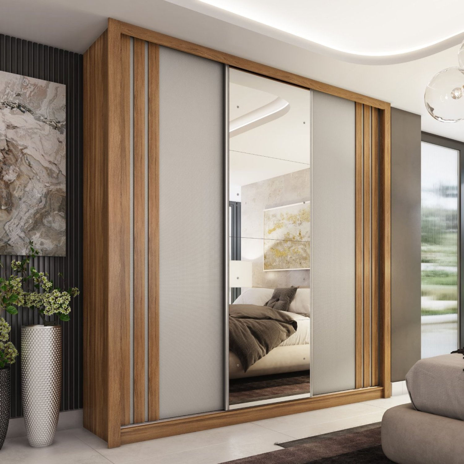 Guarda-roupa Casal 3 Portas Moema Amêndola Touch/nude-preto Prime Tx