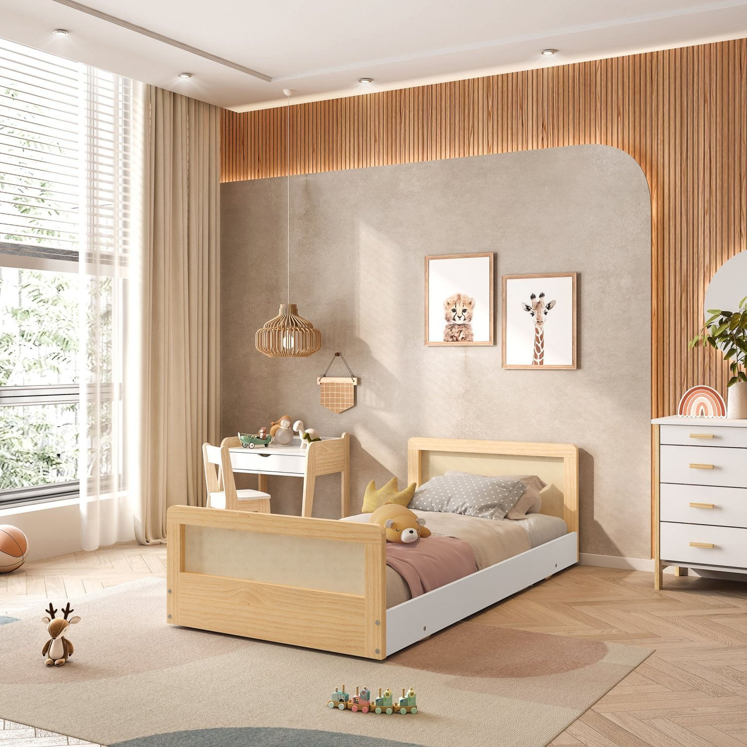 Cama Infantil Solteiro Montessoriana Lift Em Madeira Maciça Com Rattan Casatema Branco/natural