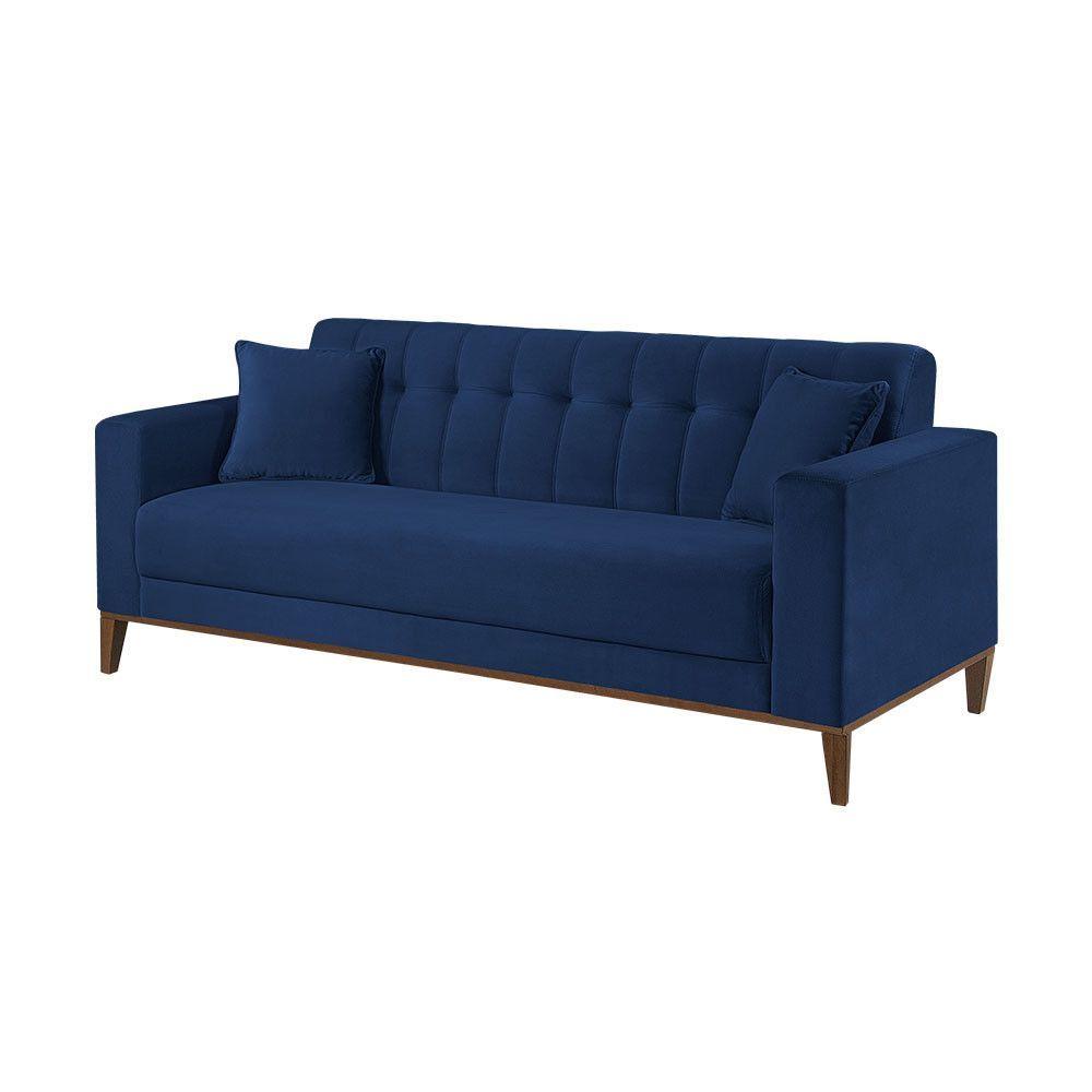 Sofa Liverpool 3 Lugares 195 Cm Base Madeira Talento Móveis Veludo Paris Azul