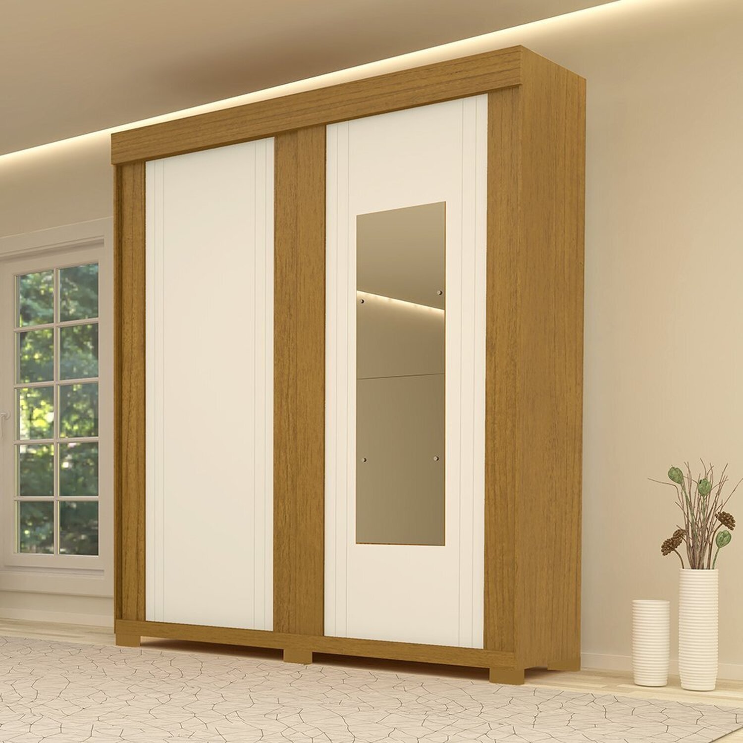 Guarda-roupa Casal 2 Portas De Correr Com Espelhos 100% Mdf Yasamen Espresso Móveis Cinamomo/off White