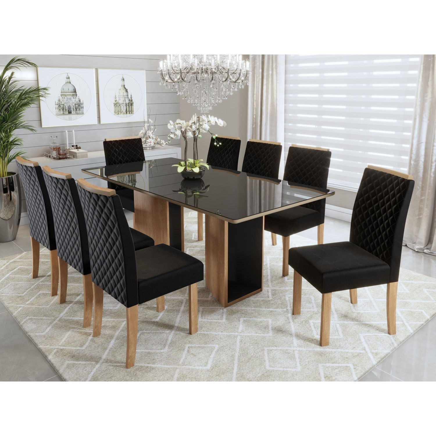 Conjunto Sala De Jantar Mesa Ayla 200cm Tampo Vidro/mdf Com 8 Cadeiras Elegance  Mel/preto