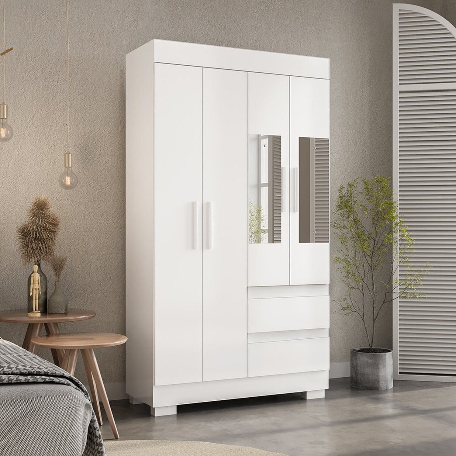 Guarda-roupa Solteiro 99,80cm 4 Portas Com Espelho E 2 Gavetas Chantrieri Espresso Móveis Branco