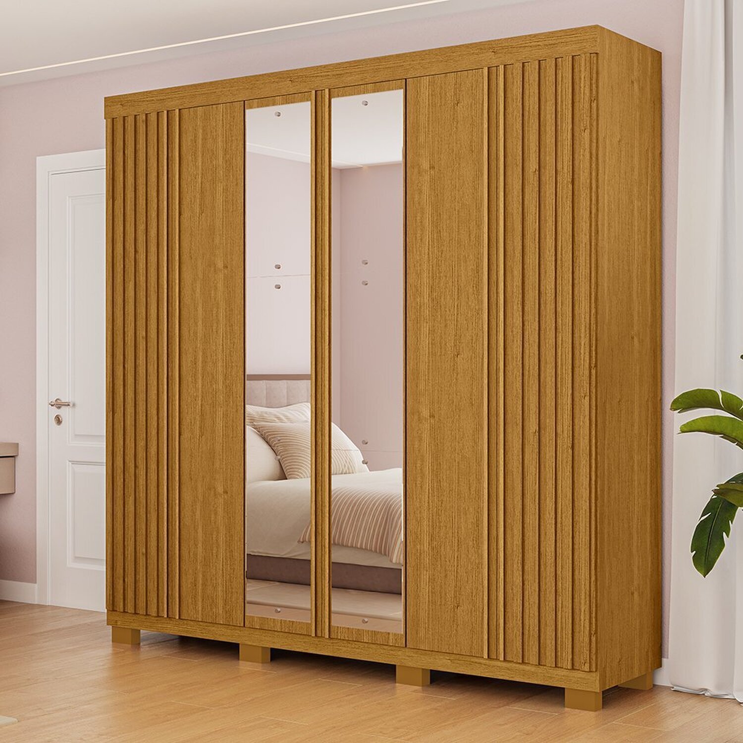 Guarda-roupa Casal 230,10cm 6 Portas Ripado 6 Gavetas Com Espelho 100% Mdf Magnólia Cinamomo