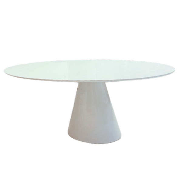 Mesa De Jantar Cone Oval 140x90 Cm Tampo Laca + Vidro Branca Base Branca Laca Branca + Vidro