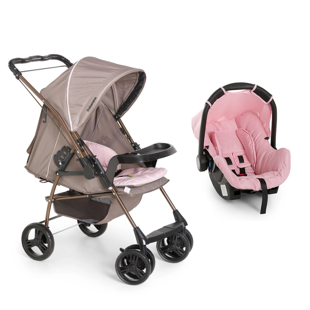 Travel System Galzerano Carrinho De Bebê Milano Reversível Ii Com Bebê Conforto Grid Cappuccino Rosa