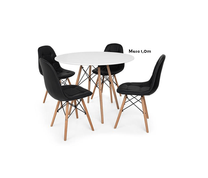 Conjunto De Mesa De Jantar Eames Eiffel Redonda 120cm Tampo De Madeira Branco Com 4 Cadeiras Pretas