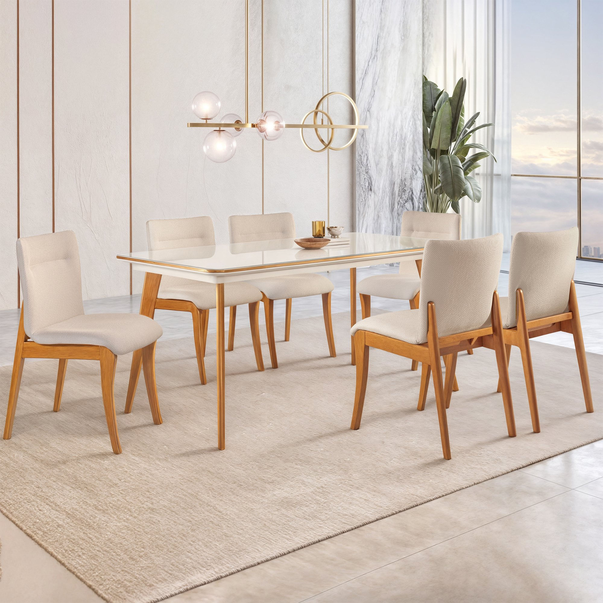 Conjunto Sala De Jantar Mesa Mad 160cm Com 6 Cadeiras Debora estrutura Em Madeira Maciça E Tampo Mdf/vidro Cinamomo/off White/losango