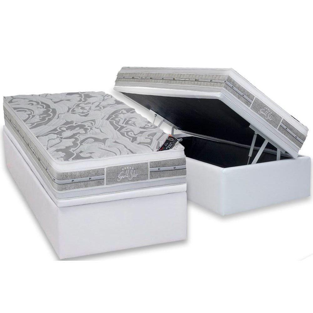 Cama Box Baú Solteiro: Colchão Molas Ensacadas Látex Plush + Base Crc Courano White