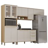 Armário De Cozinha Completa Com Balcão 10 Portas 3 Gavetas Com Vidro E Nicho Para Micro Ondas Madeir