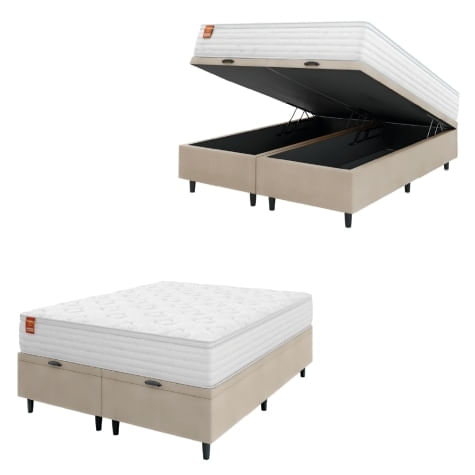 Cama Box Baú Colchão Casal King Molas Ensacadas Real 193x203x68cm Branco / Bege Inducol - Suporta Até 130kg Por Pessoa