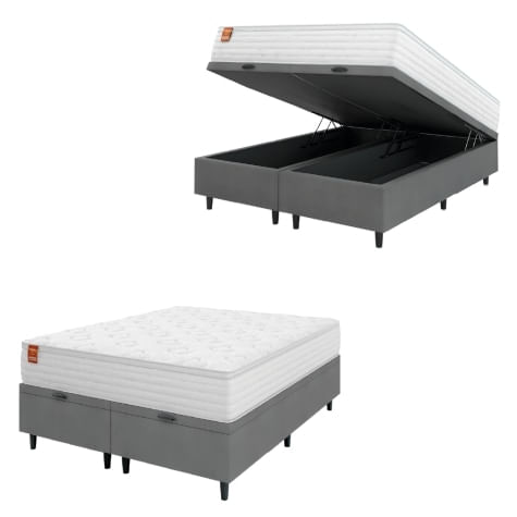 Cama Box Baú Colchão Casal King Molas Ensacadas Real 193x203x68cm Branco / Cinza Inducol - Suporta Até 130kg Por Pessoa