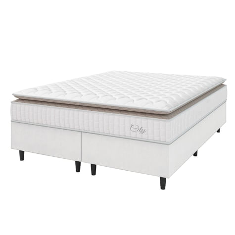 Cama Box Colchão Casal King Molas Ensacadas City Pillow Top 193x203x61cm Linho Branco / Bege Hellen - Suporta Até 110kg Por Pessoa