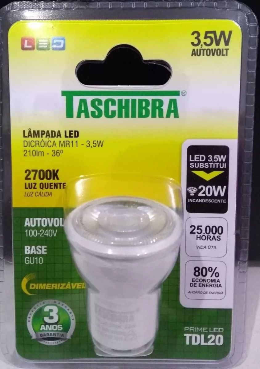 Lampada LED Mini Dicroica MR11 DIMERIZÁVEL  3,5W  2700k Luz quente