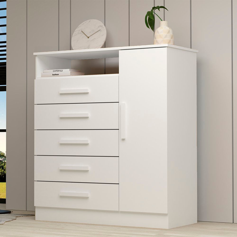 Cômoda 1 Porta 5 Gavetas 100% Mdf Nemésia Espresso Móveis Branco