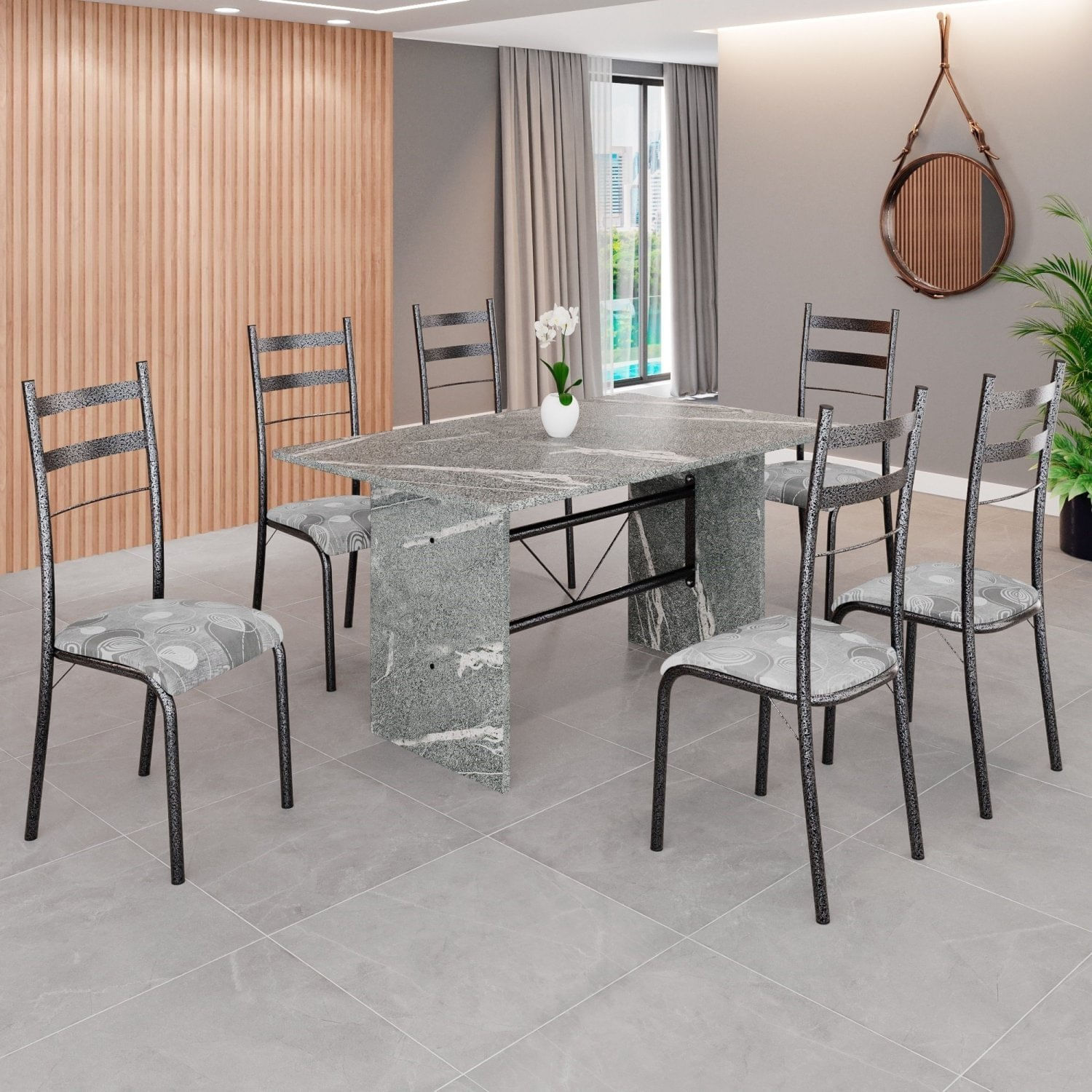 Conjunto Sala De Jantar Mesa Retangular 140x75cm Tampo Granito Topázio 6 Cadeiras Marselha Paraopeba / Mart Prata
