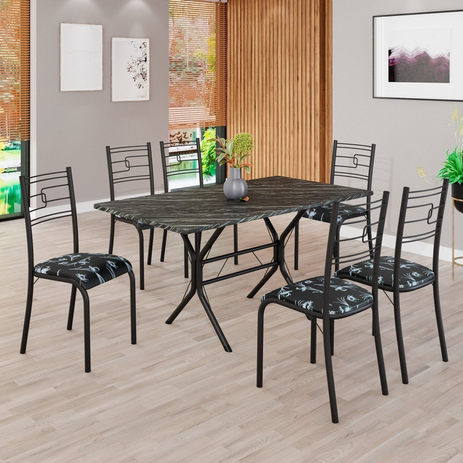 Conjunto Sala De Jantar Mesa Retangular 140x75cm Tampo Pedra Ardósia Indiana 6 Cadeiras Paraty Preto Floral / Preto Fosco
