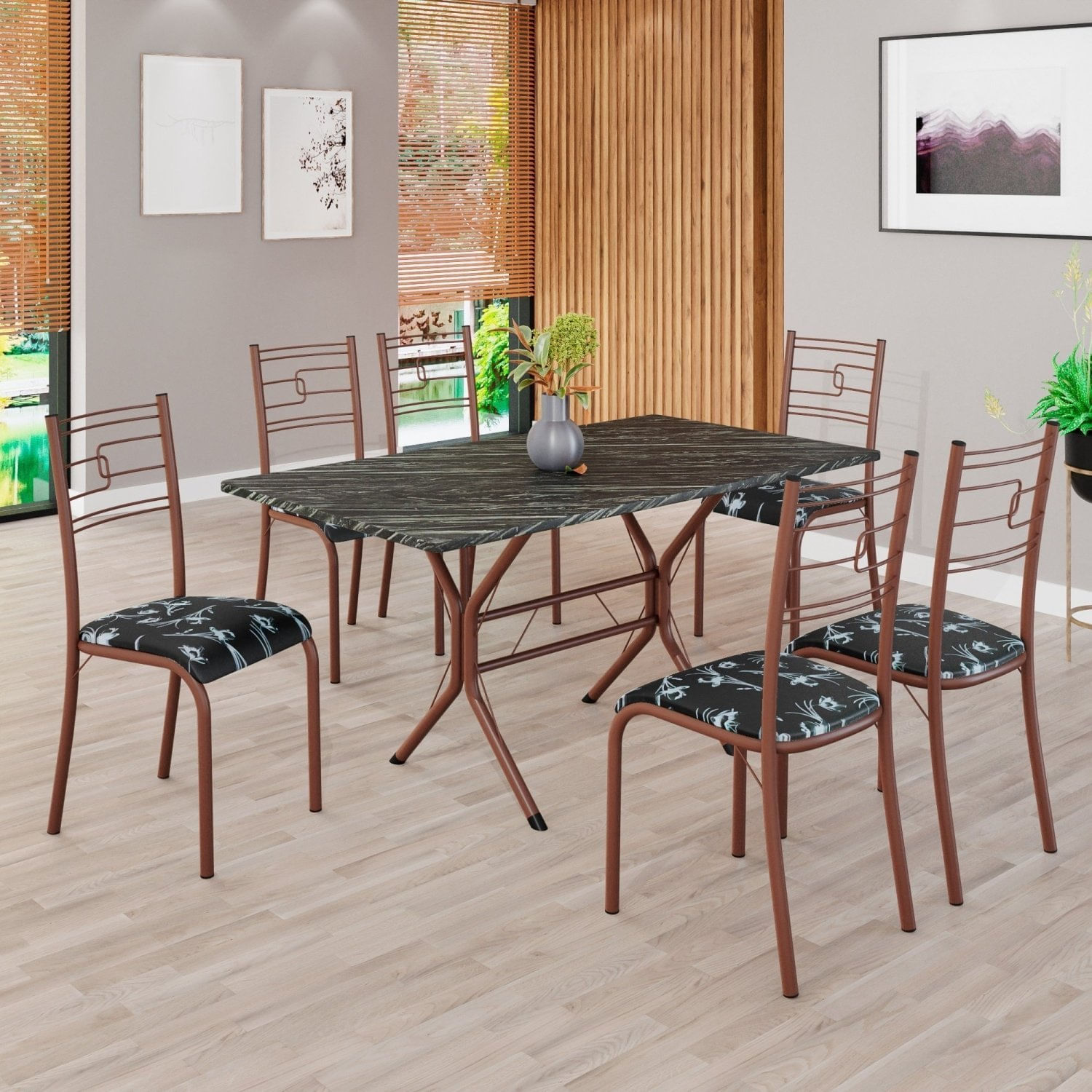 Conjunto Sala De Jantar Mesa Retangular 140x75cm Tampo Pedra Ardósia Indiana 6 Cadeiras Paraty Preto Floral / Marrom
