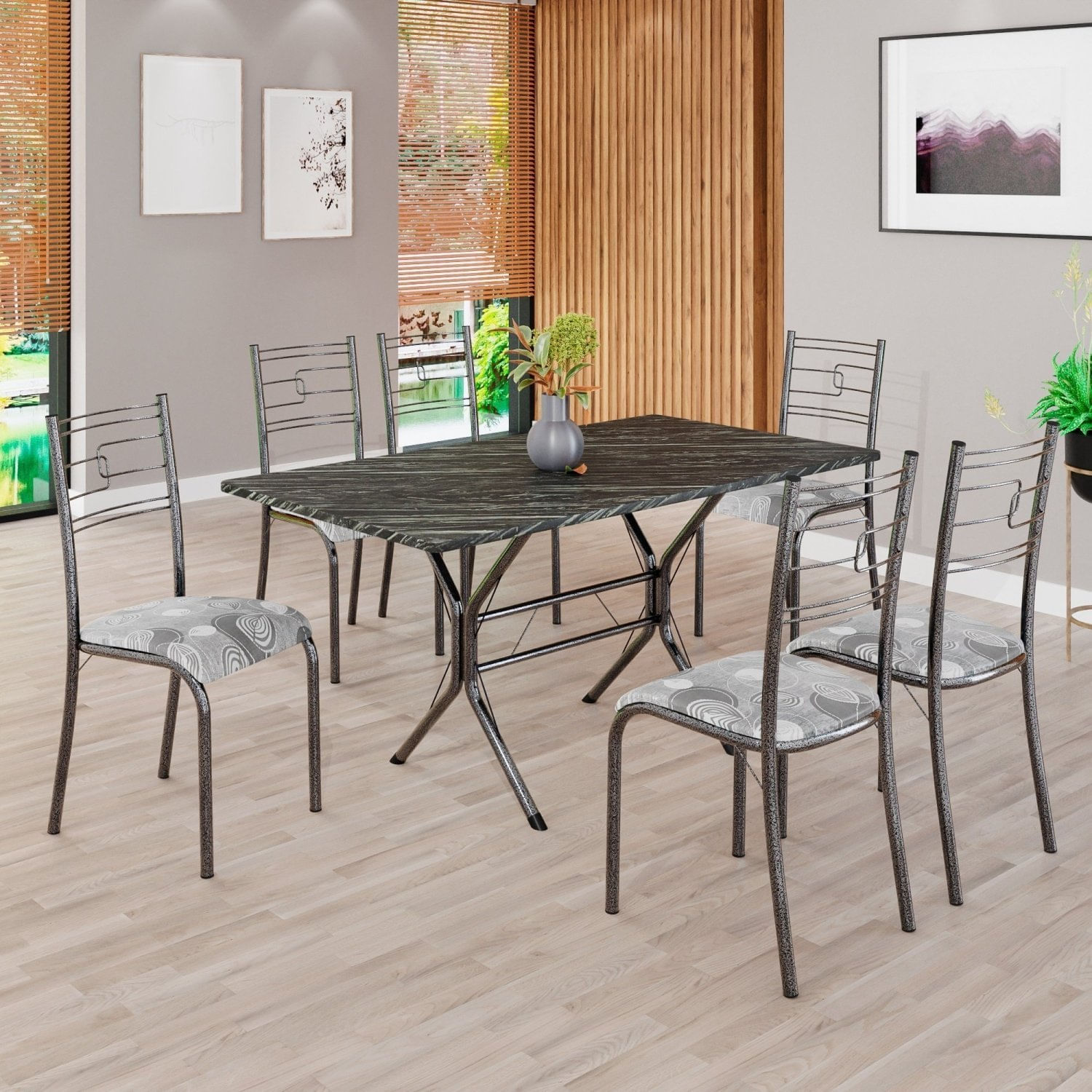 Conjunto Sala De Jantar Mesa Retangular 140x75cm Tampo Pedra Ardósia Indiana 6 Cadeiras Paraty Paraopeba / Mart Prata