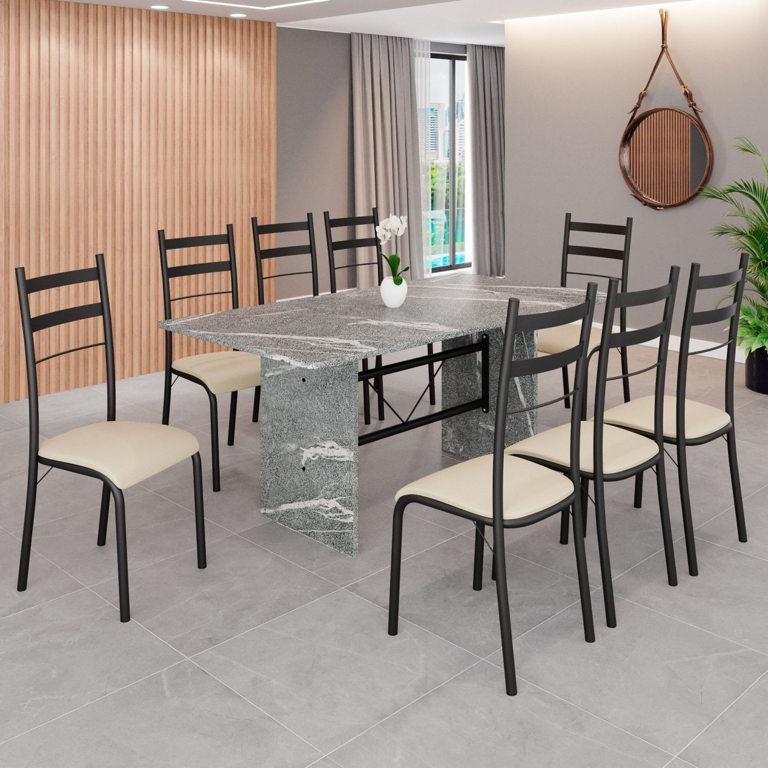 Conjunto Sala De Jantar Mesa Retangular 180x75cm Tampo Granito Topázio 8 Cadeiras Marselha Creme / Preto Fosco