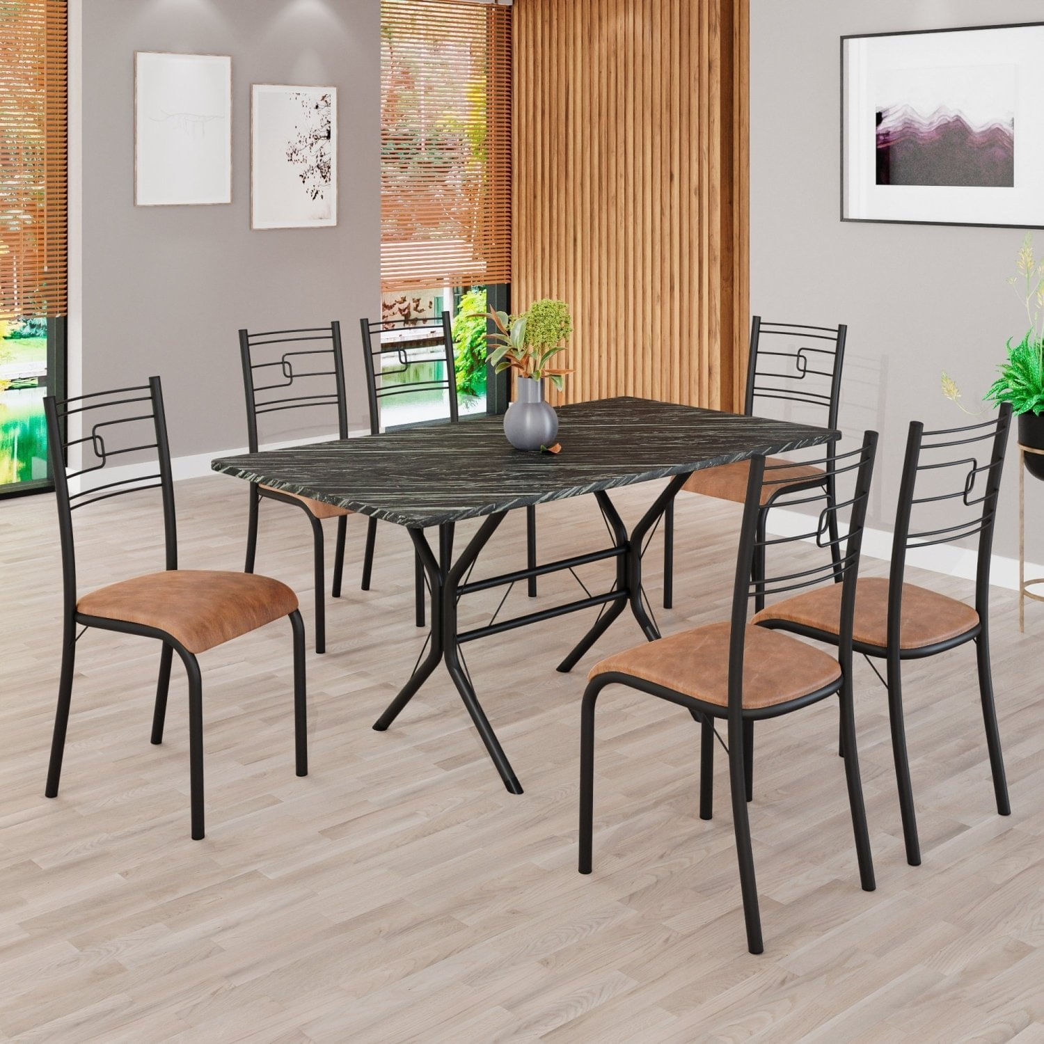 Conjunto Sala De Jantar Mesa Retangular 140x75cm Tampo Pedra Ardósia Indiana 6 Cadeiras Paraty C. Marrom / Preto Fosco