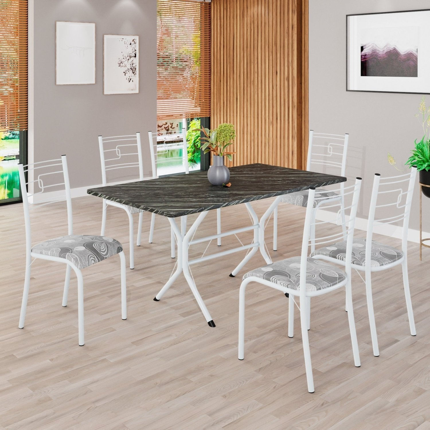 Conjunto Sala De Jantar Mesa Retangular 140x75cm Tampo Pedra Ardósia Indiana 6 Cadeiras Paraty Paraopeba/branco