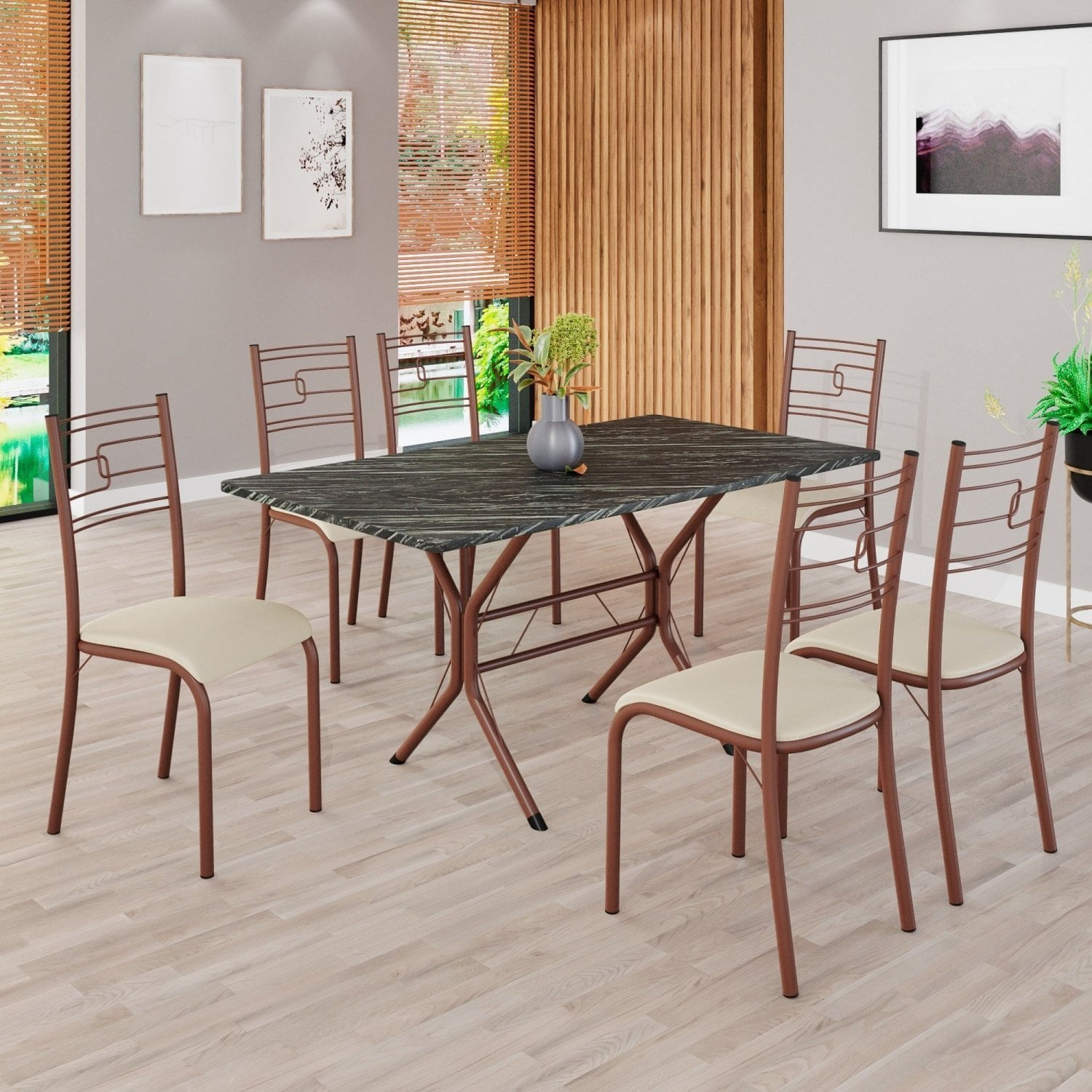 Conjunto Sala De Jantar Mesa Retangular 140x75cm Tampo Pedra Ardósia Indiana 6 Cadeiras Paraty Creme / Marrom