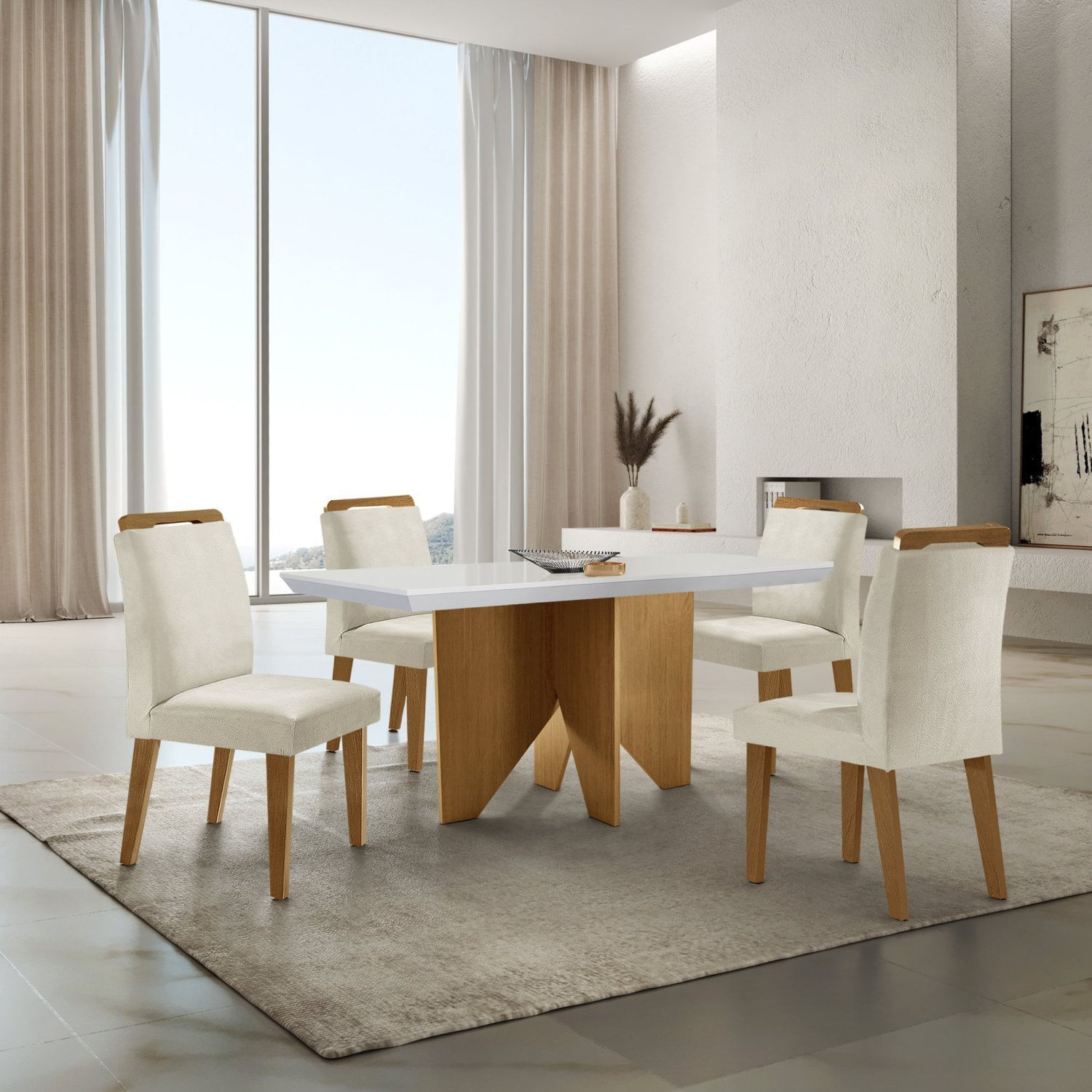 Mesa Nancy 120 Tampo Mdf Canto Reto Com 4 Cadeiras Bugatti Creme/off White/imbuia