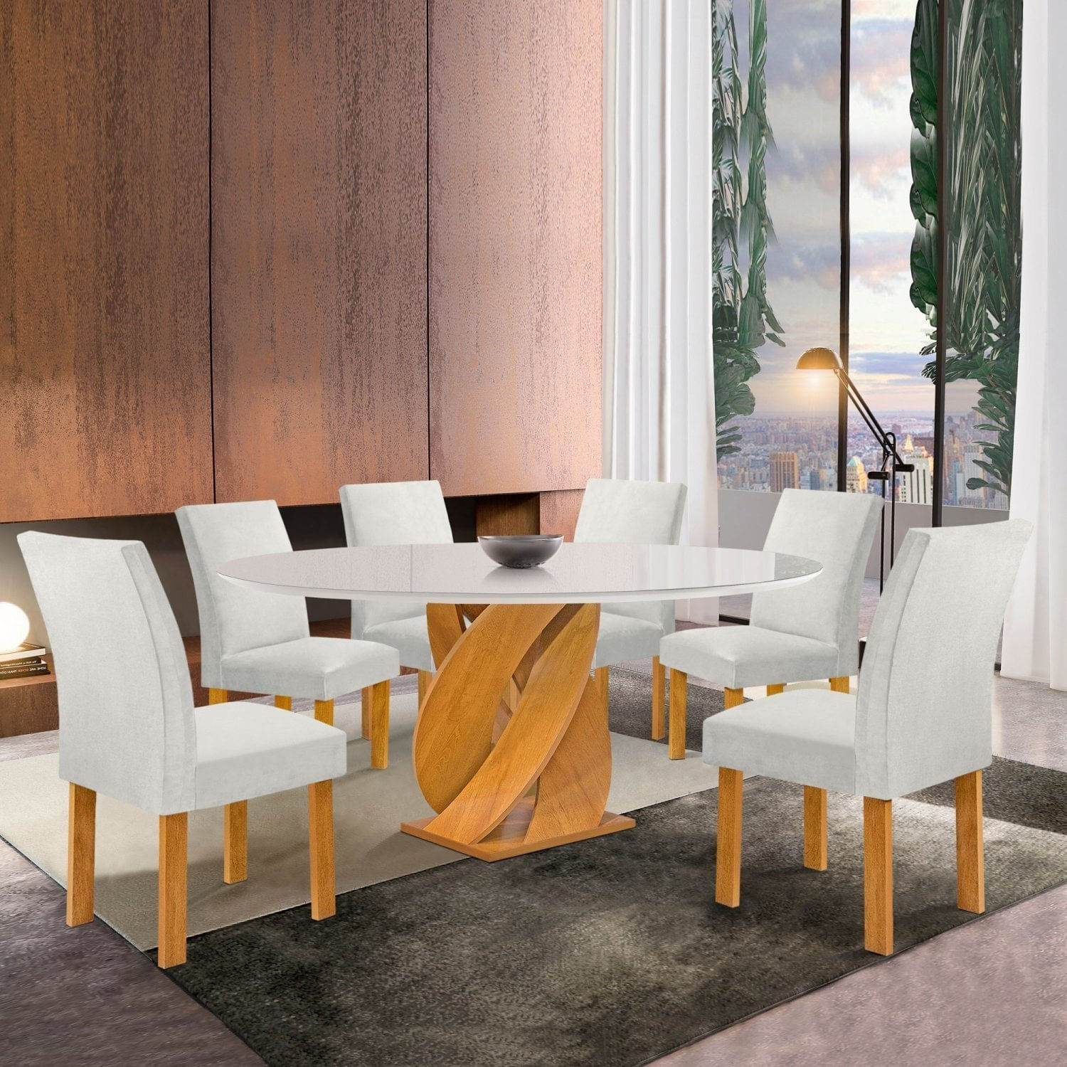 Conjunto Mesa Luna 120cm Com 6 Cadeiras Canela Tampo Redondo Plus Com Vidro Cinamomo /off White/gelo