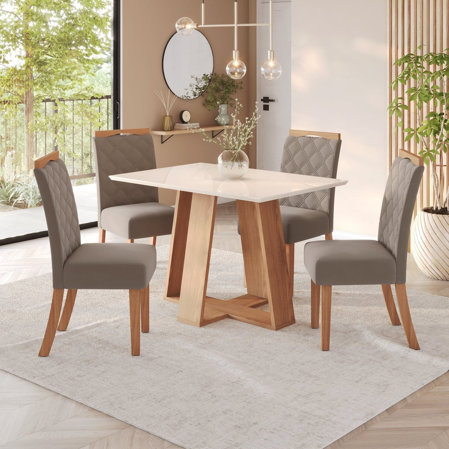 Sala De Jantar Hebe Mesa 120 Cm Canto Reto 4 Cadeiras Espresso Móveis Nature/off White/marrom Amêndoa