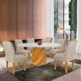 Conjunto Mesa Luna 120cm Com 6 Cadeiras Arizona Tampo Redondo Plus Com Vidro Cinamomo /off White/bege