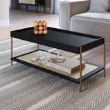 Mesa De Centro Retangular Com Prateleira 93cm Palhinha Pé Metal Oslo Nero/dourado