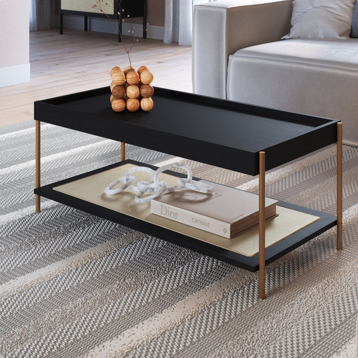 Mesa De Centro Retangular Com Prateleira 93cm Palhinha Pé Metal Oslo Nero/dourado