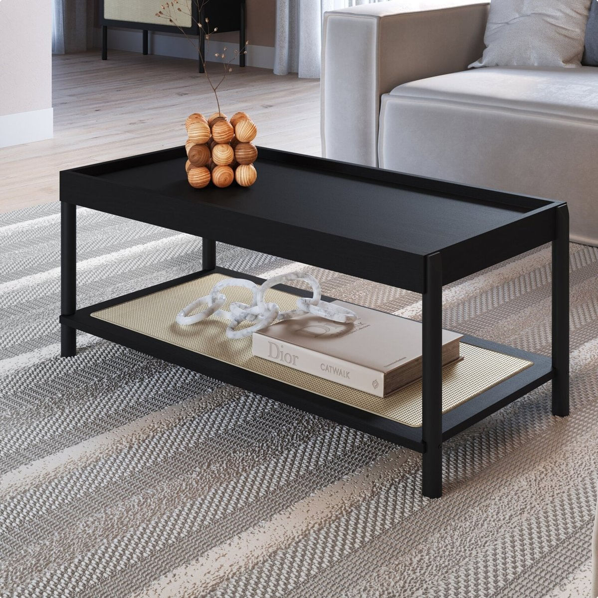 Mesa De Centro Retangular Com Prateleira 93cm Palhinha Pé Madeira Oslo Nero/preto