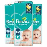 Fralda Descartável Pampers Confort Sec Tamanho P - 3 Pacotes Com 50 Fraldas - Total 150 Tiras