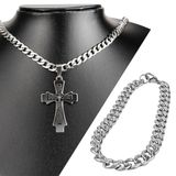 Cordão Prata Aço Inox + Pulseira + Pingente Pai Nosso Casual