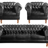 Conjunto Sofá Chesterfield 3 Lugares + 2 Poltronas Dom Pedro Preto