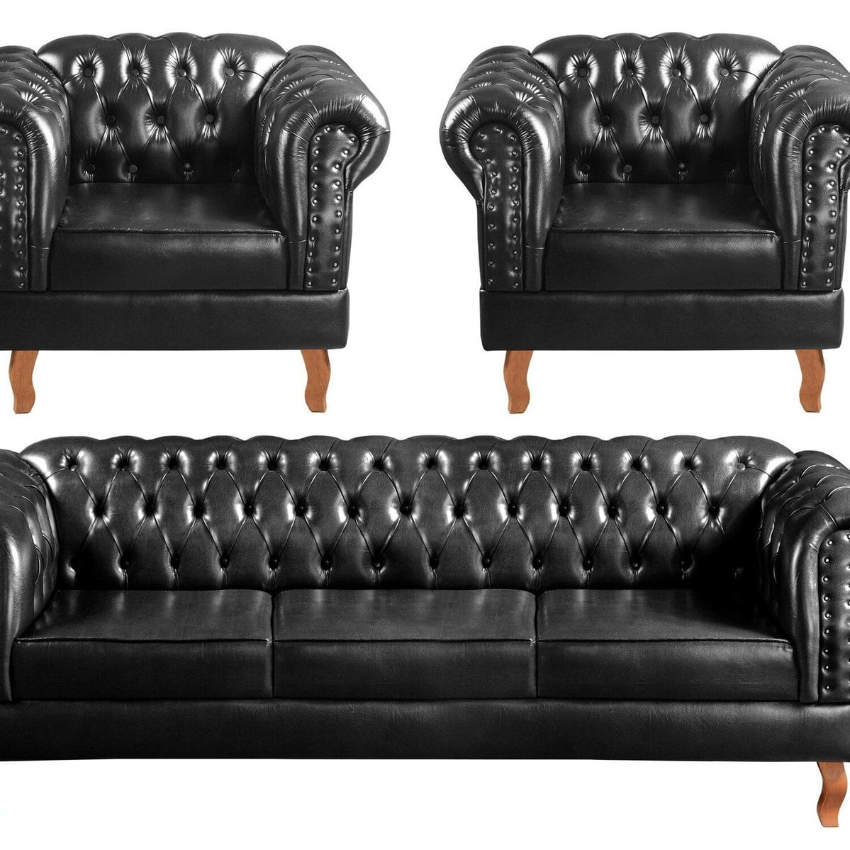 Conjunto Sofá Chesterfield 3 Lugares + 2 Poltronas Dom Pedro Preto