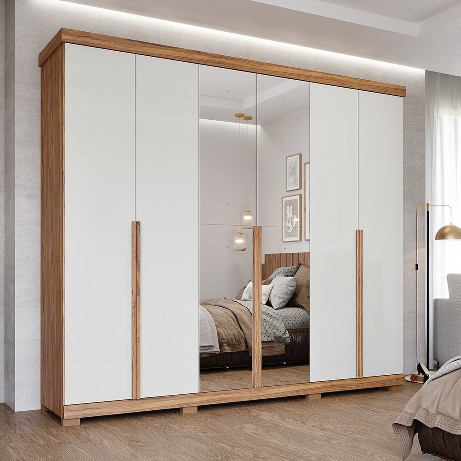 Guarda Roupa Casal Em Mdf 6 Portas Com Espelhos E Pés Linhares Espresso Móveis Cinamomo/off White