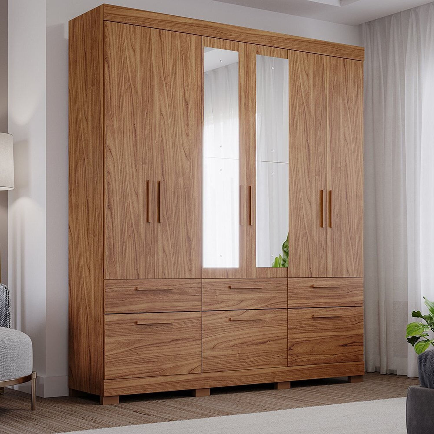 Guarda-roupa Casal Com Espelho 6 Portas De Bater 1 Basculante 5 Gavetas Mdf Coimbra Espresso Móveis Cinamomo