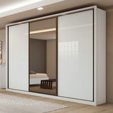 Guarda Roupa Casal com Espelho 3 Portas de Correr 6 Gavetas 270,5cm Spazio Glass Espresso Móveis Branco