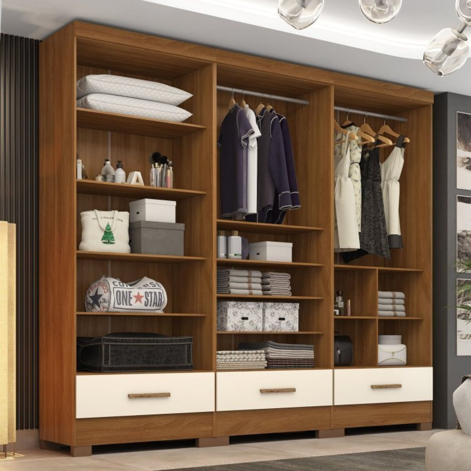 Closet Modulado 3 Peças 3 Gavetas Smart Versatile Espresso Móveis Cinamomo/off White