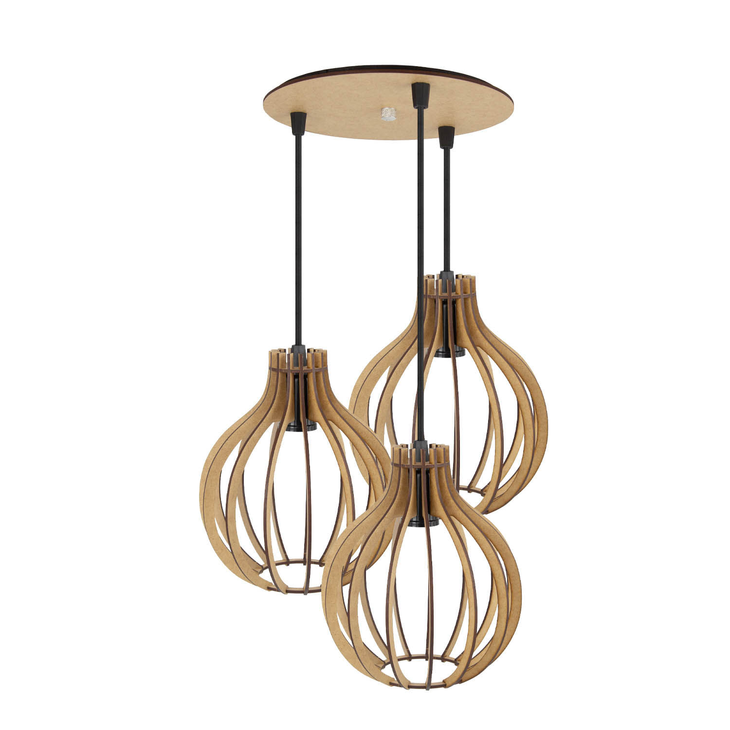 Luminaria Pendente Tripla Bali E27 Madeira Mdf Cr Desmontada